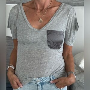 Wink Heather Gray V-Neck Tee with satin Charcoal Pocket minimalist streetwear